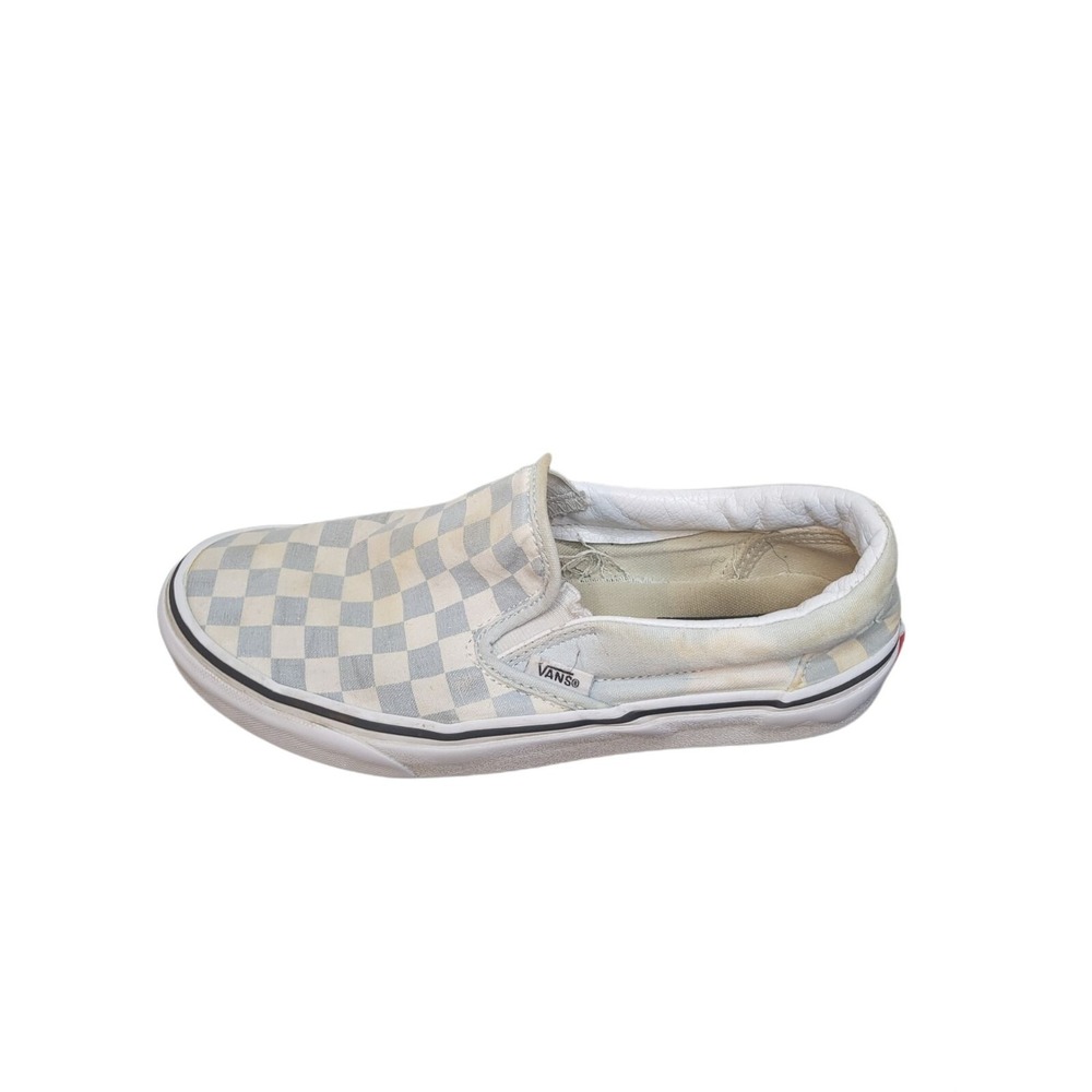 Vans Slip On Shoes Women 8.5 Blue White Checkerboard Low Top Canvas Skater Shoes